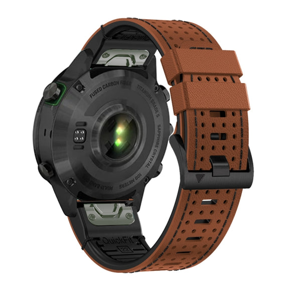 For Garmin Fenix 7X 26mm Dot Hole Silicone Leather Quick Release Watch Band(Brown Black)