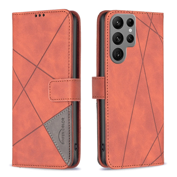 For Samsung Galaxy S25 Ultra 5G Magnetic Buckle Rhombus Texture Leather Phone Case(Brown)