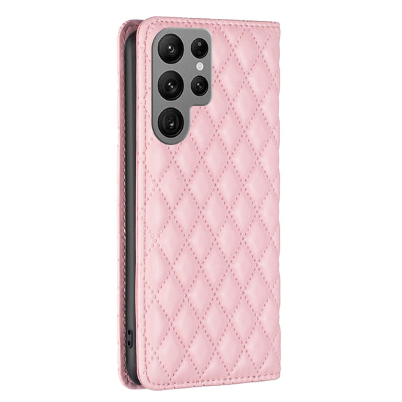 For Samsung Galaxy S25 Ultra 5G Diamond Lattice Magnetic Leather Flip Phone Case(Pink)