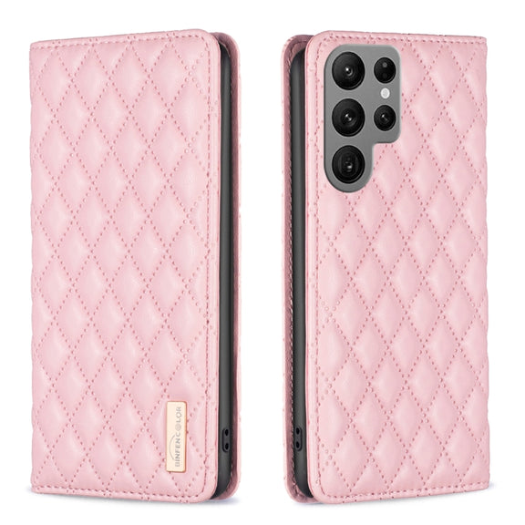 For Samsung Galaxy S25 Ultra 5G Diamond Lattice Magnetic Leather Flip Phone Case(Pink)