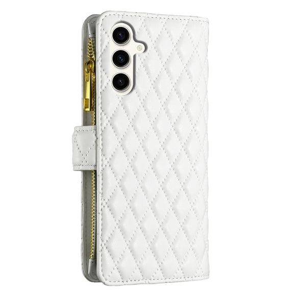 For Samsung Galaxy S24 FE 5G Diamond Lattice Zipper Wallet Leather Flip Phone Case(White)