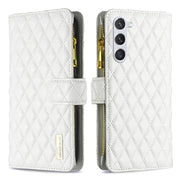 For Samsung Galaxy S25 5G Diamond Lattice Zipper Wallet Leather Flip Phone Case(White)