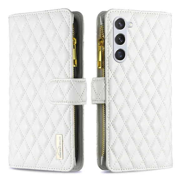 For Samsung Galaxy S25 5G Diamond Lattice Zipper Wallet Leather Flip Phone Case(White)