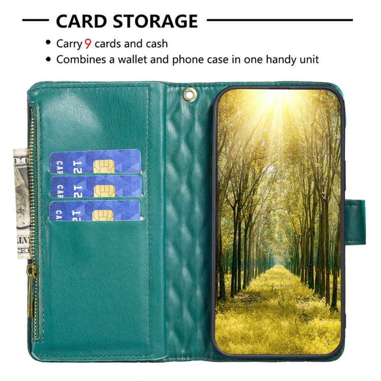 For Samsung Galaxy S25 5G Diamond Lattice Zipper Wallet Leather Flip Phone Case(Green) - Galaxy S25 5G Cases by PMC TechLife | Online Shopping South Africa | PMC TechLife | Buy Now Pay Later Mobicred