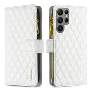 For Samsung Galaxy S25 Ultra 5G Diamond Lattice Zipper Wallet Leather Flip Phone Case(White)
