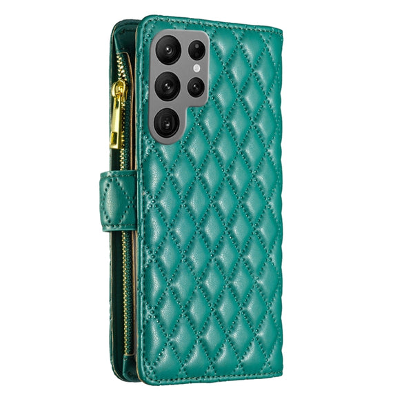 For Samsung Galaxy S25 Ultra 5G Diamond Lattice Zipper Wallet Leather Flip Phone Case(Green)