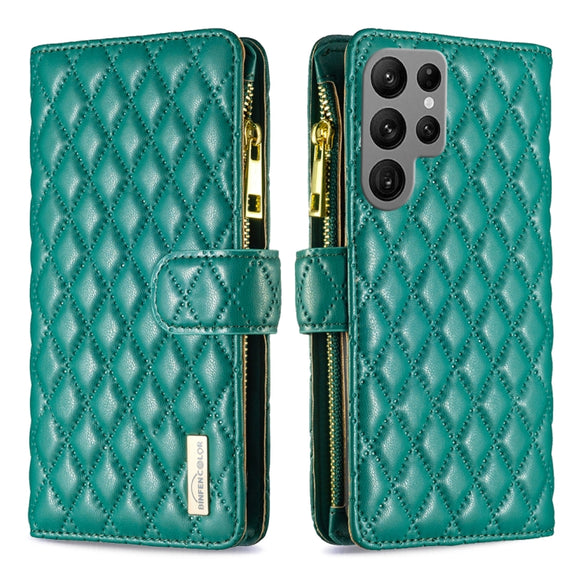 For Samsung Galaxy S25 Ultra 5G Diamond Lattice Zipper Wallet Leather Flip Phone Case(Green)