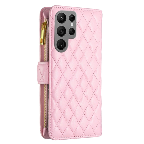 For Samsung Galaxy S25 Ultra 5G Diamond Lattice Zipper Wallet Leather Flip Phone Case(Pink)