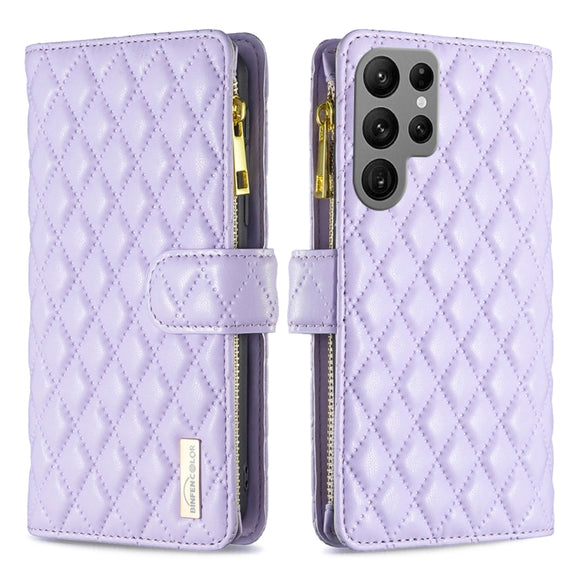 For Samsung Galaxy S25 Ultra 5G Diamond Lattice Zipper Wallet Leather Flip Phone Case(Purple)