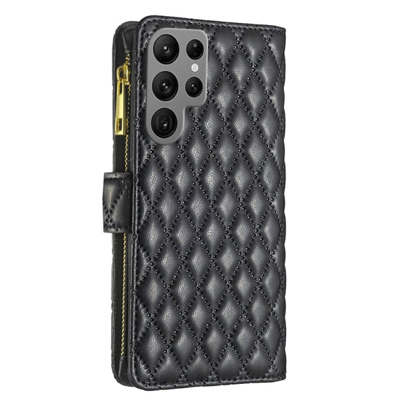For Samsung Galaxy S25 Ultra 5G Diamond Lattice Zipper Wallet Leather Flip Phone Case(Black)