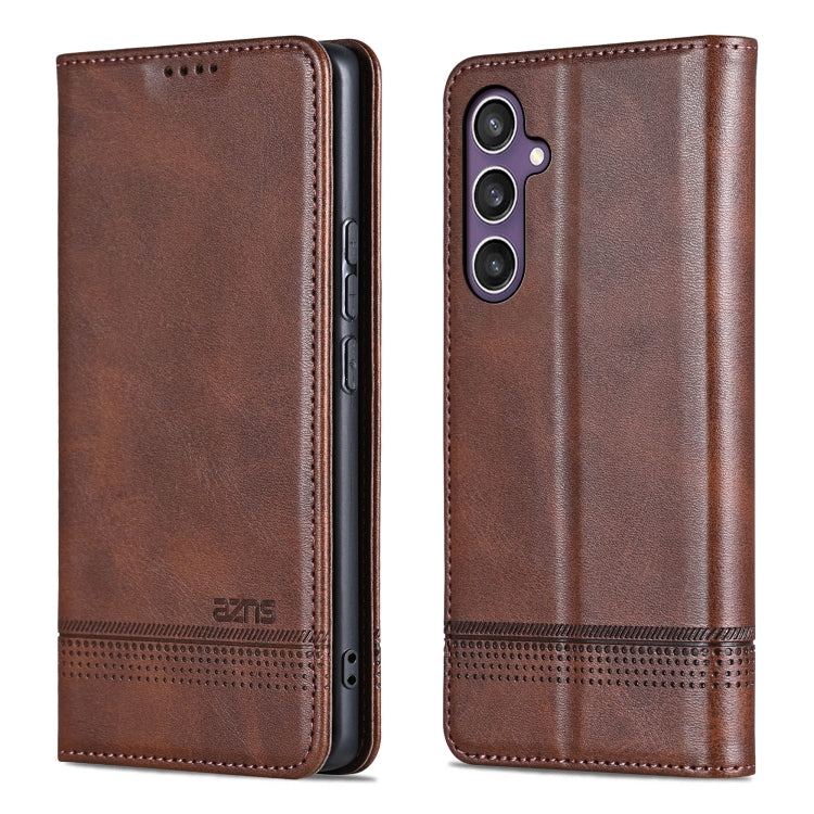 For Samsung Galaxy S24 FE 5G AZNS Magnetic Calf Texture Flip Leather Phone Case(Dark Brown)