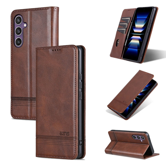For Samsung Galaxy S24 FE 5G AZNS Magnetic Calf Texture Flip Leather Phone Case(Dark Brown)