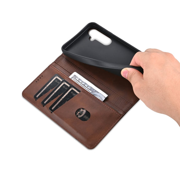 For Samsung Galaxy S24 FE 5G AZNS Magnetic Calf Texture Flip Leather Phone Case(Dark Brown)