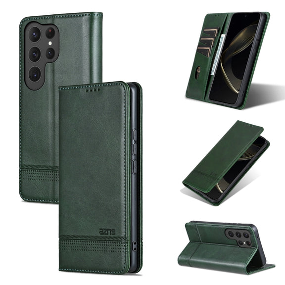 For Samsung Galaxy S25 Ultra 5G AZNS Magnetic Calf Texture Flip Leather Phone Case(Dark Green)