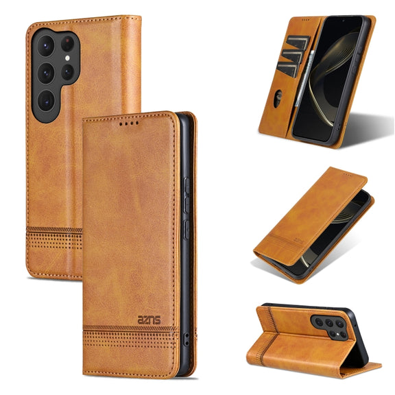 For Samsung Galaxy S25 Ultra 5G AZNS Magnetic Calf Texture Flip Leather Phone Case(Light Brown)