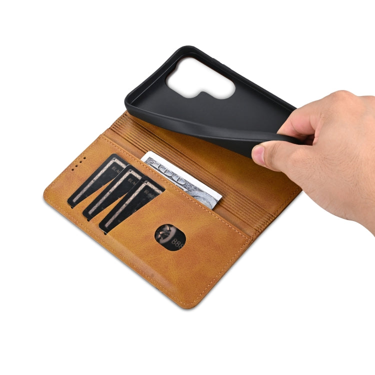 For Samsung Galaxy S25 Ultra 5G AZNS Magnetic Calf Texture Flip Leather Phone Case(Light Brown)