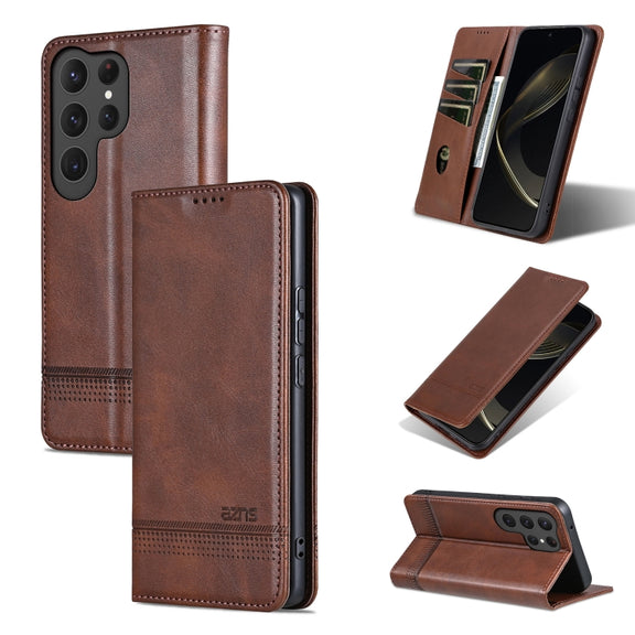 For Samsung Galaxy S25 Ultra 5G AZNS Magnetic Calf Texture Flip Leather Phone Case(Dark Brown)