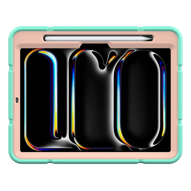 For iPad Pro 11 2024 Armor Holder Silicone Hybrid PC Tablet Case(Mint Green Gold)