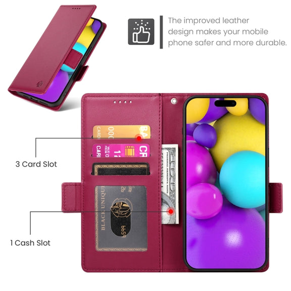 For iPhone 16 Side Buckle Magnetic Frosted Leather Phone Case(Wine Red)