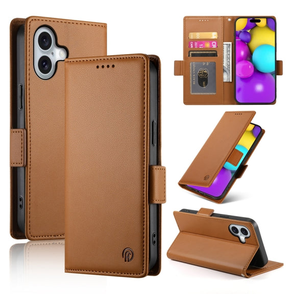 For iPhone 16 Side Buckle Magnetic Frosted Leather Phone Case(Brown)