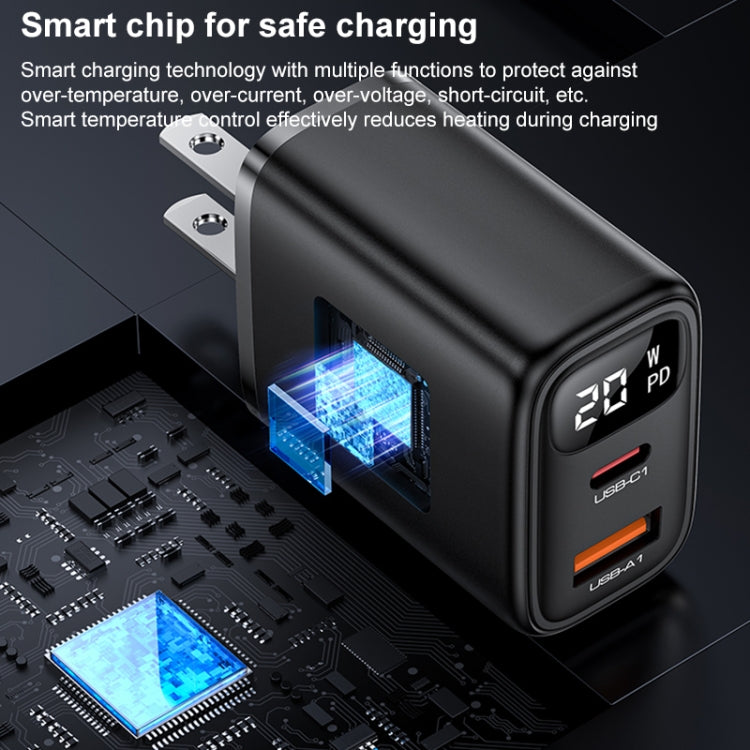 Yesido YC12U 20W USB-C / Type-C + USB Digital Display Charger, Specification:US Plug(Black)