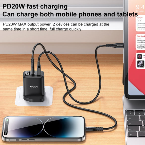 Yesido YC87 PD 20W USB-C / Type-C + USB Digital Display Charger, Specification:UK Plug(Black)