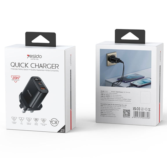Yesido YC87 PD 20W USB-C / Type-C + USB Digital Display Charger, Specification:UK Plug(Black)