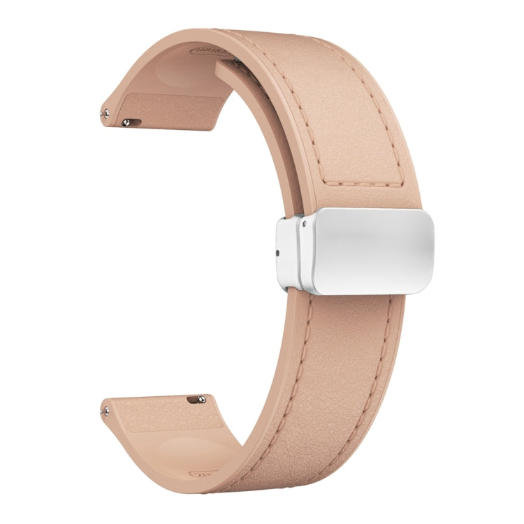 20mm Magnetic Silver Buckle Silicone Leather Watch Band(Pink)