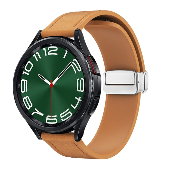 20mm Magnetic Silver Buckle Silicone Leather Watch Band(Light Brown)