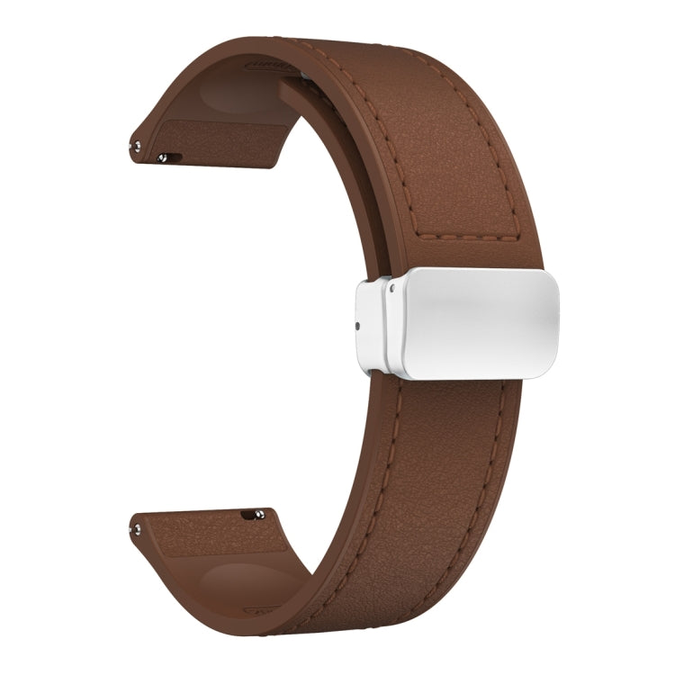 20mm Magnetic Silver Buckle Silicone Leather Watch Band(Dark Brown)