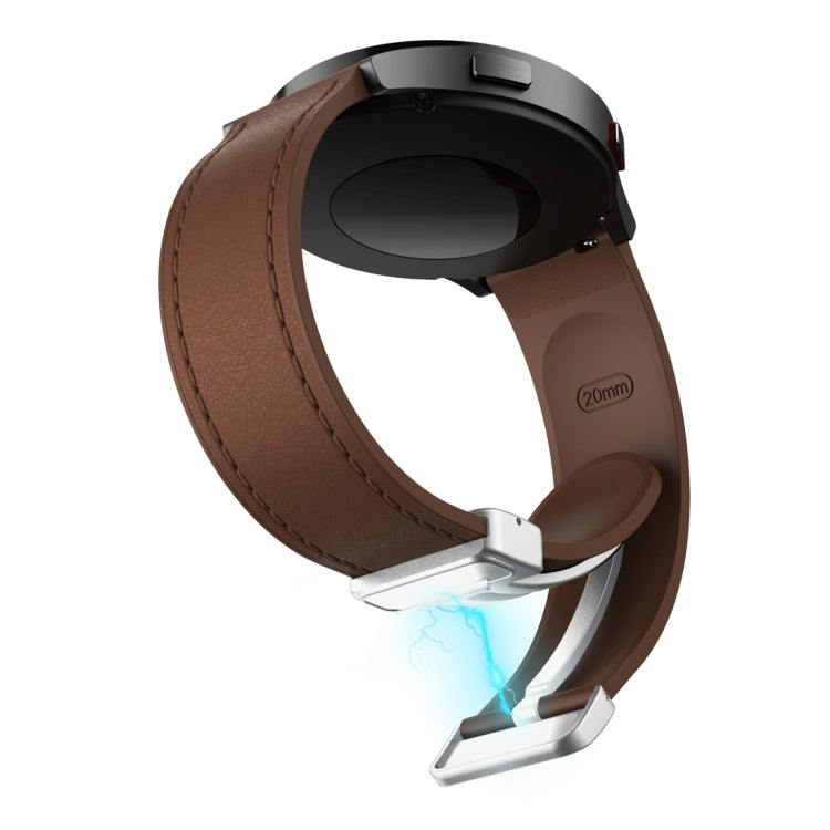 20mm Magnetic Silver Buckle Silicone Leather Watch Band(Dark Brown)