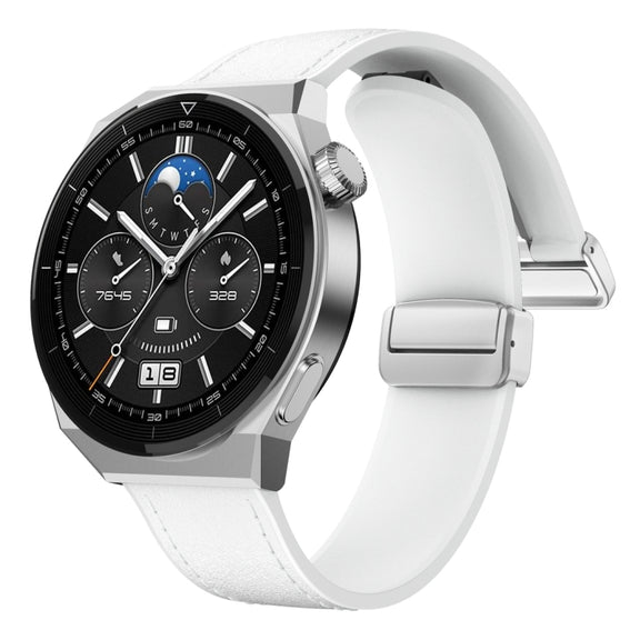22mm Magnetic Silver Buckle Silicone Leather Watch Band(White)