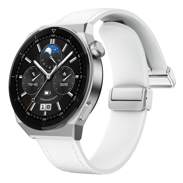 22mm Magnetic Silver Buckle Silicone Leather Watch Band(White)