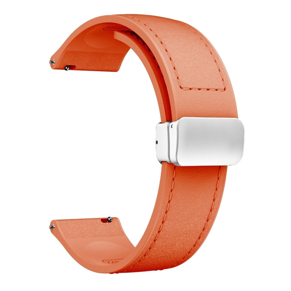 22mm Magnetic Silver Buckle Silicone Leather Watch Band(Orange)