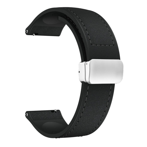 22mm Magnetic Silver Buckle Silicone Leather Watch Band(Black)