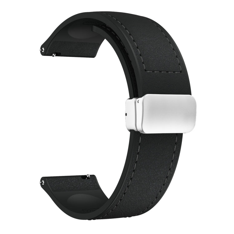 22mm Magnetic Silver Buckle Silicone Leather Watch Band(Black)