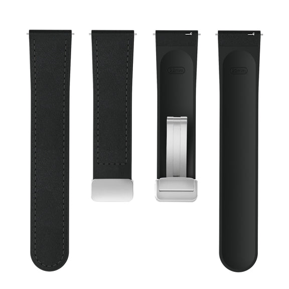22mm Magnetic Silver Buckle Silicone Leather Watch Band(Black)