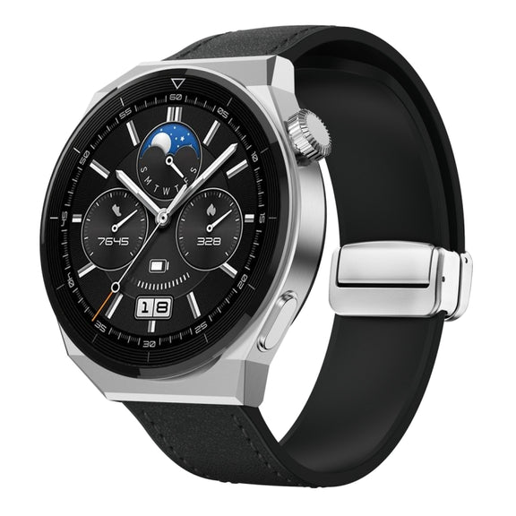 22mm Magnetic Silver Buckle Silicone Leather Watch Band(Black)