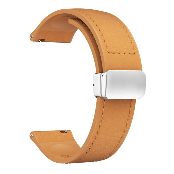 22mm Magnetic Silver Buckle Silicone Leather Watch Band(Light Brown)