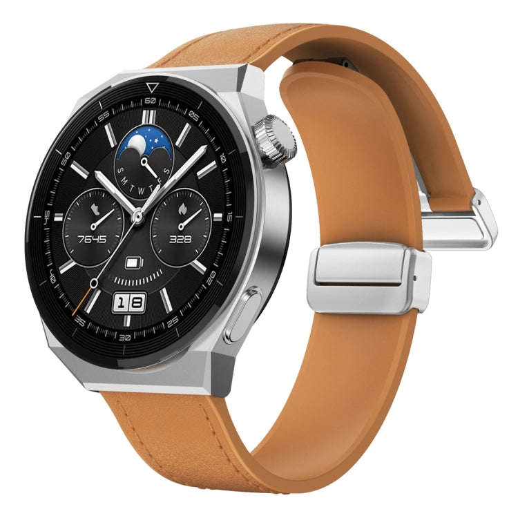 22mm Magnetic Silver Buckle Silicone Leather Watch Band(Light Brown)