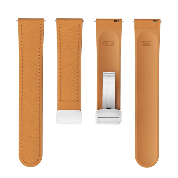22mm Magnetic Silver Buckle Silicone Leather Watch Band(Light Brown)