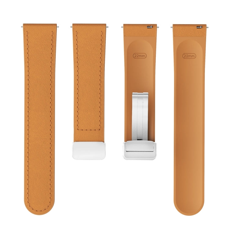 22mm Magnetic Silver Buckle Silicone Leather Watch Band(Light Brown)