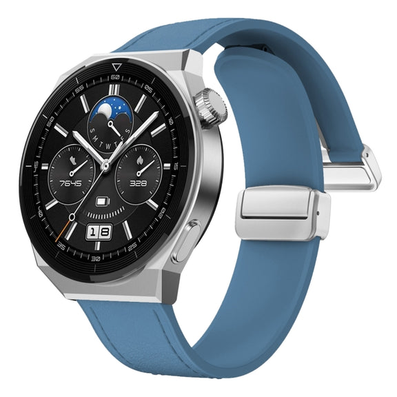 22mm Magnetic Silver Buckle Silicone Leather Watch Band(Blue)