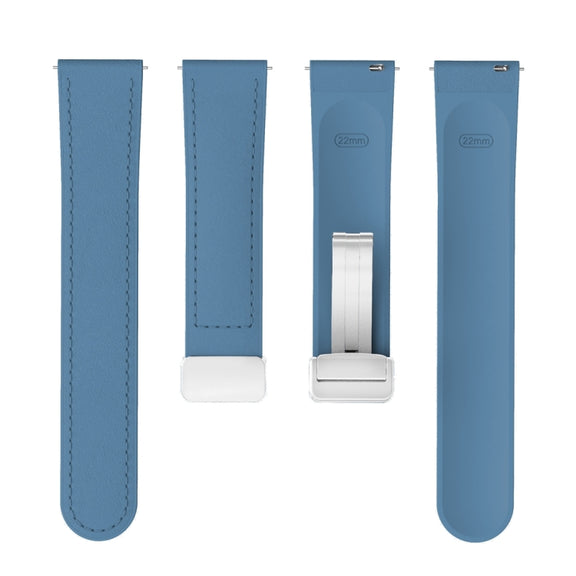 22mm Magnetic Silver Buckle Silicone Leather Watch Band(Blue)