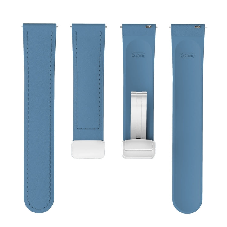 22mm Magnetic Silver Buckle Silicone Leather Watch Band(Blue)
