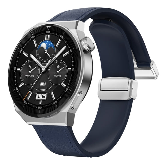 22mm Magnetic Silver Buckle Silicone Leather Watch Band(Midnight Blue)