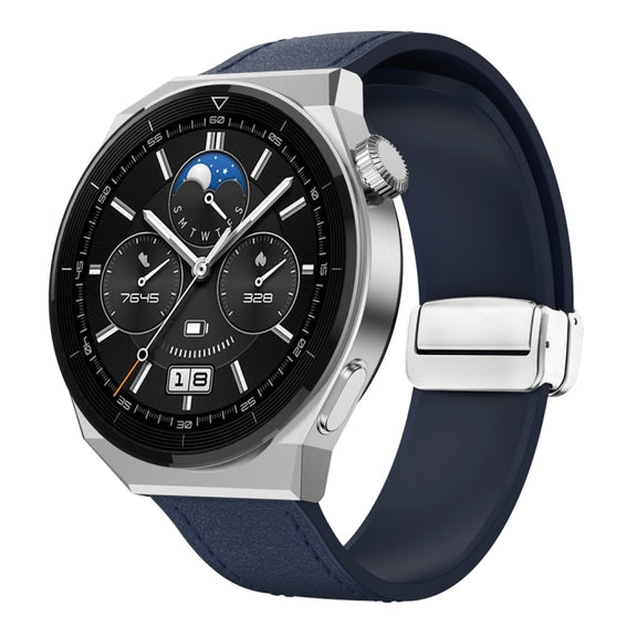 22mm Magnetic Silver Buckle Silicone Leather Watch Band(Midnight Blue)