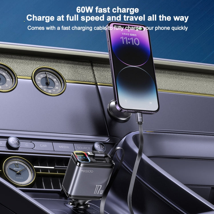 Yesido Y63 4 in 1 117W USB-C / Type-C+USB Multifunctional Retractable Dual Line Digital Display Car Fast Charger(Black) - free shipping - PMC TechLife - Order now!