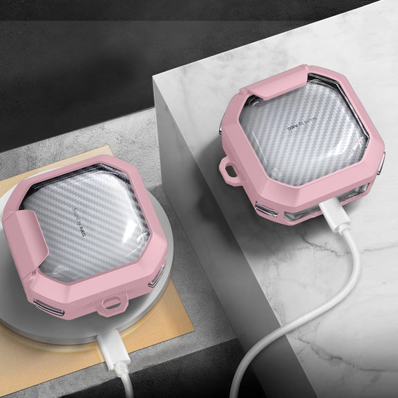 For Samsung Galaxy Buds2 / Live / Pro / FE Transparent Carbon Fiber TPU Hybrid PC Case with Hook & Holder(Pink)