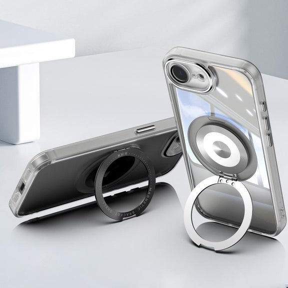For iPhone 16e 360 Holder Magsafe Acrylic Hybrid TPU Phone Case(Grey)